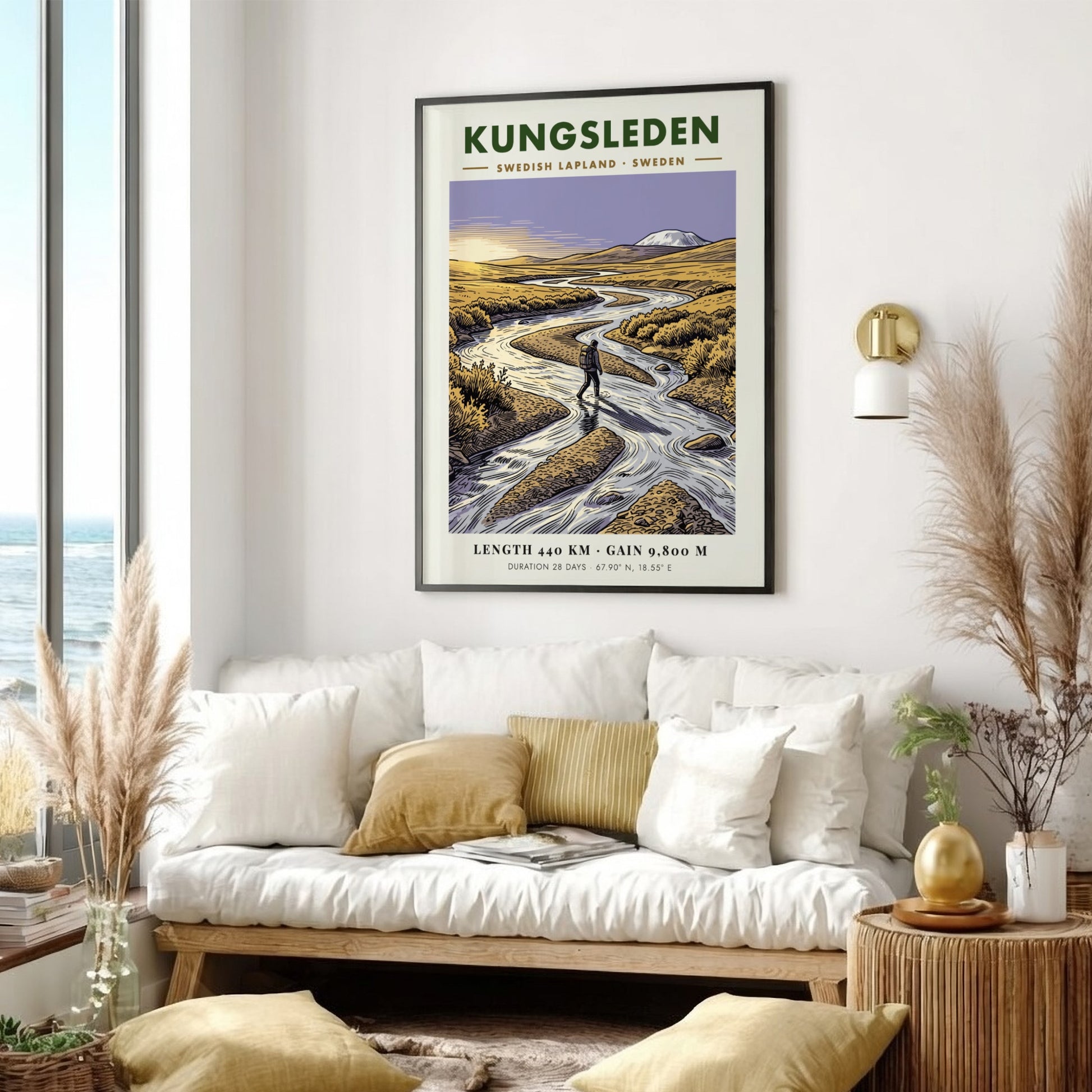 Poster of a hiker crossing a river in the golden Kungsleden Swedish Lapland landscape.