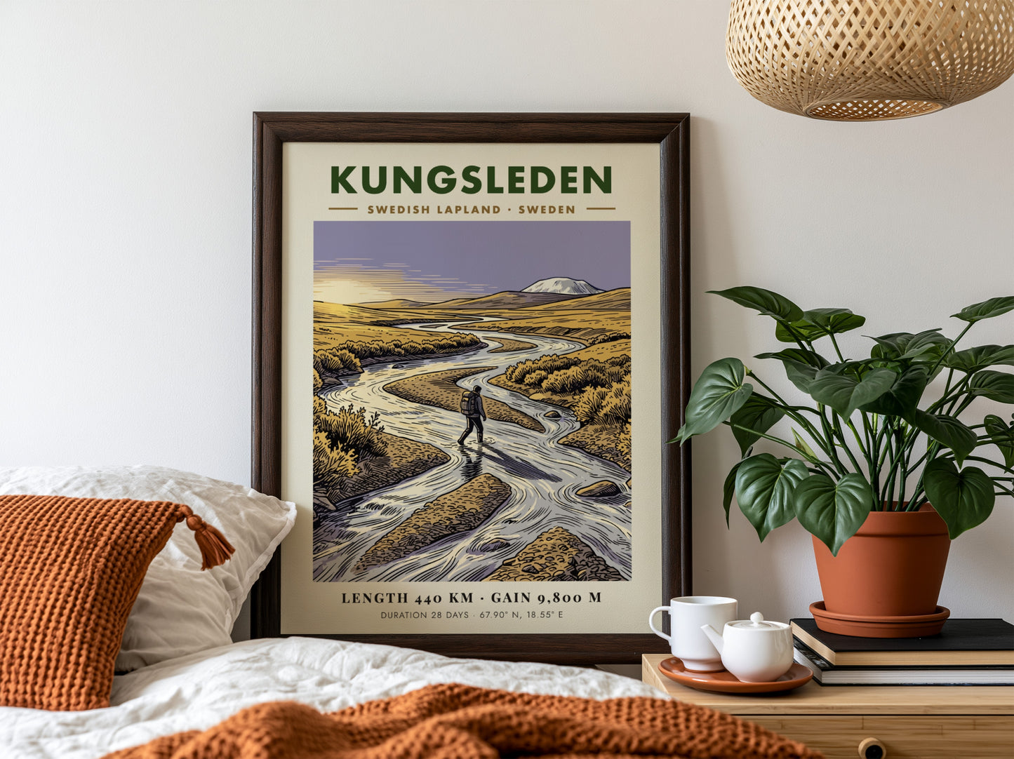 Poster of a hiker crossing a river in the golden Kungsleden Swedish Lapland landscape.
