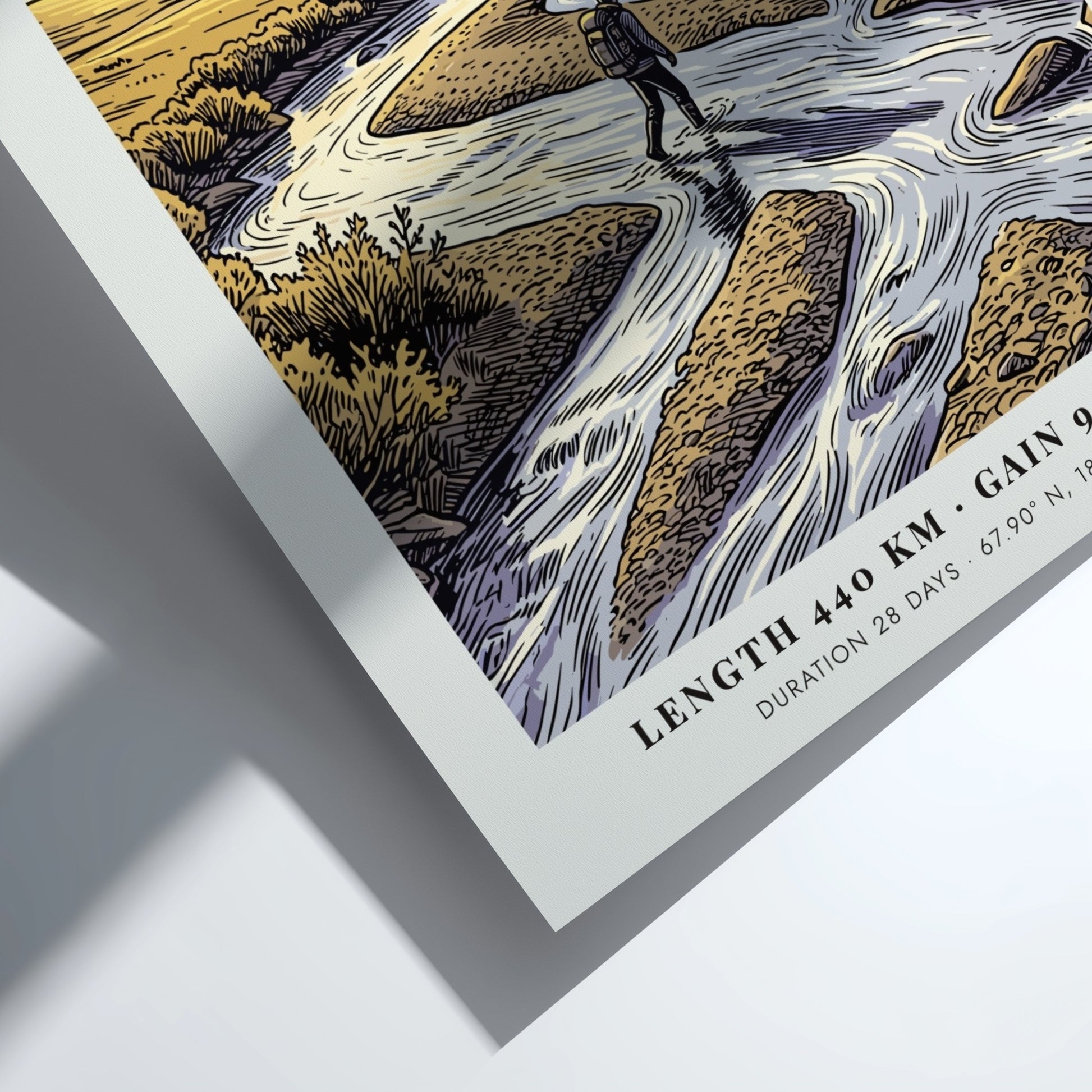 Poster of a hiker crossing a river in the golden Kungsleden Swedish Lapland landscape.