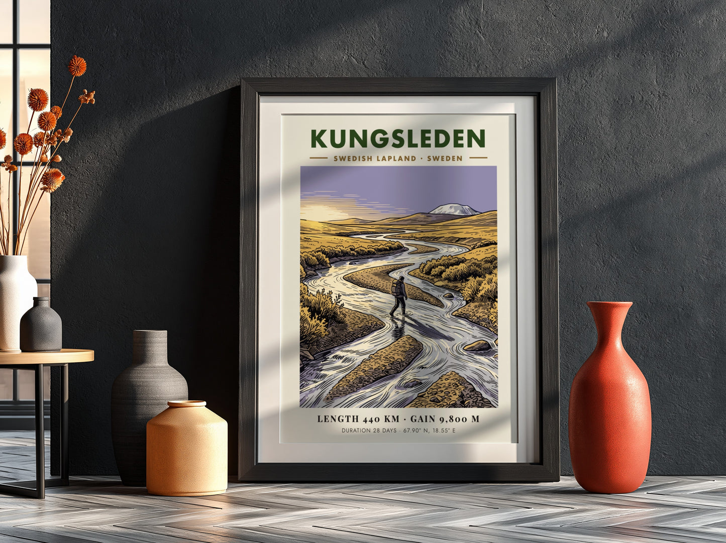 Poster of a hiker crossing a river in the golden Kungsleden Swedish Lapland landscape.