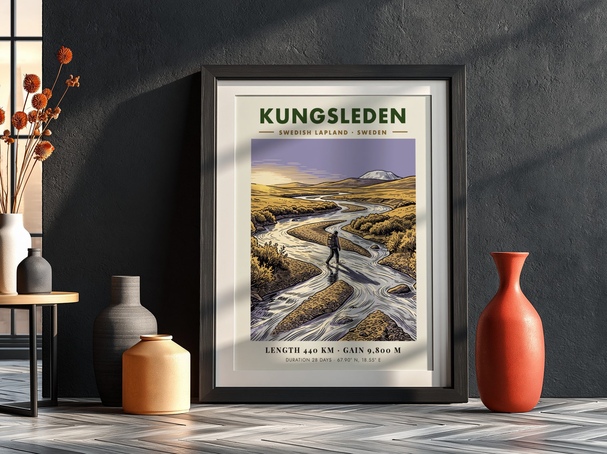 Poster of a hiker crossing a river in the golden Kungsleden Swedish Lapland landscape.