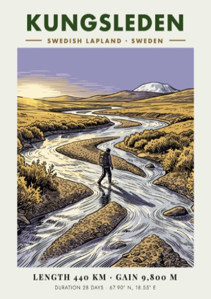 Poster of a hiker crossing a river in the golden Kungsleden Swedish Lapland landscape.