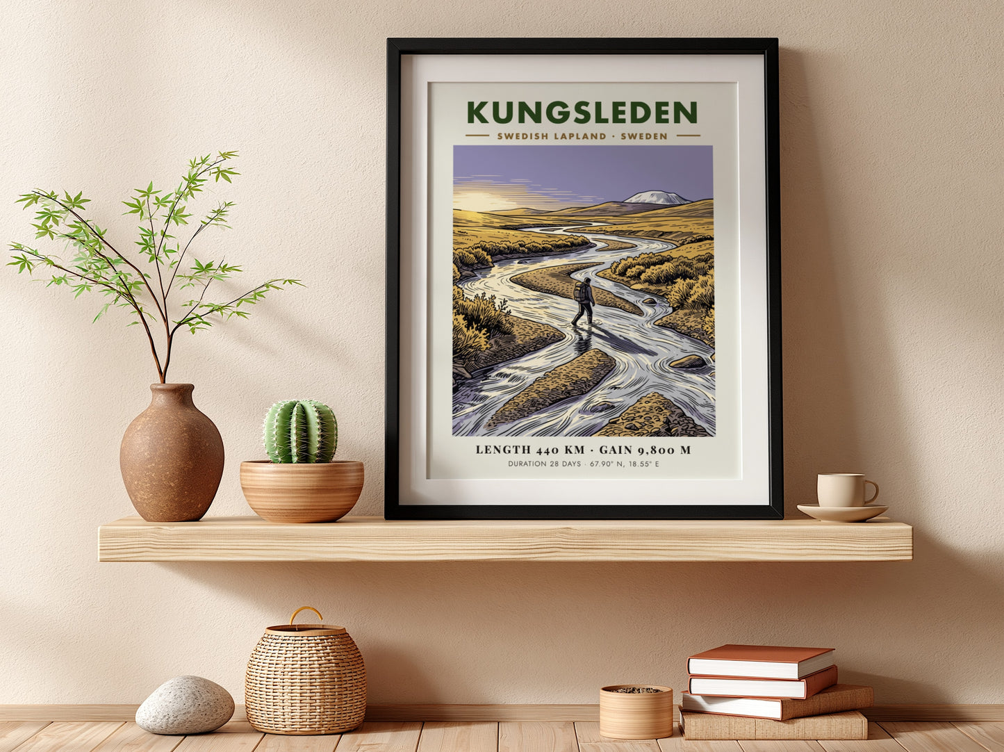 Poster of a hiker crossing a river in the golden Kungsleden Swedish Lapland landscape.