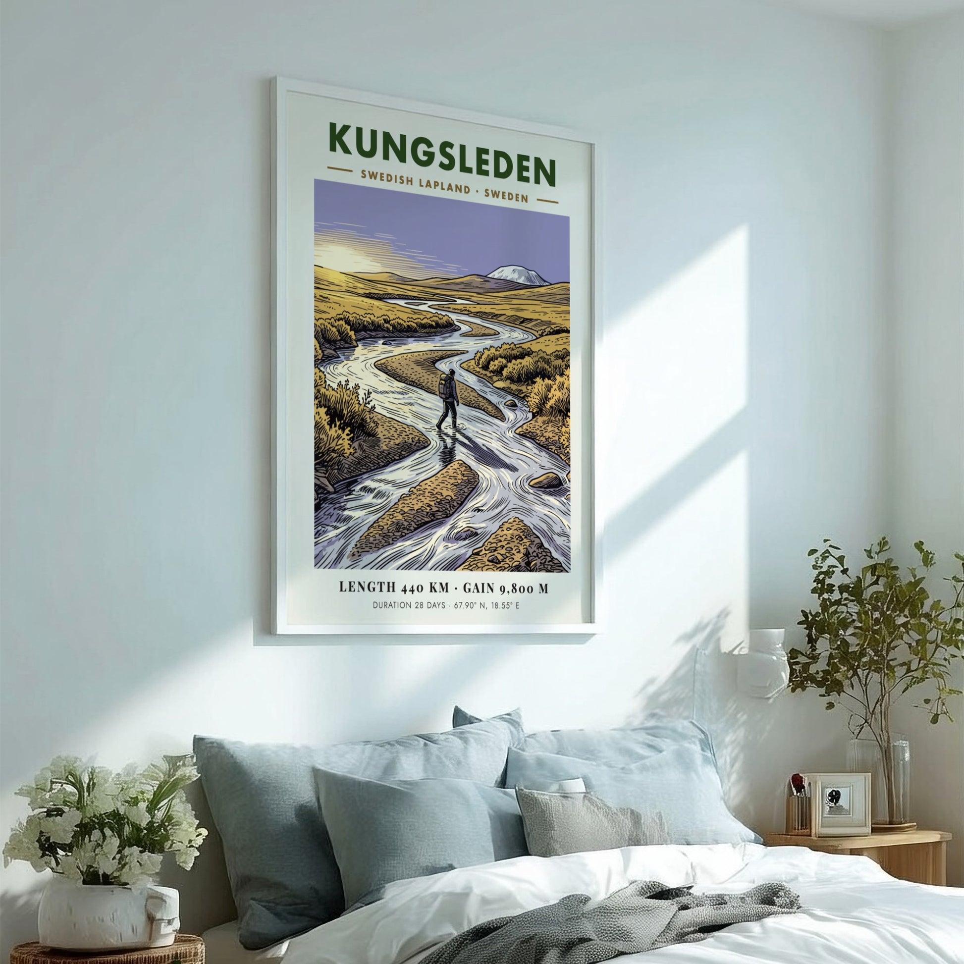 Poster of a hiker crossing a river in the golden Kungsleden Swedish Lapland landscape.