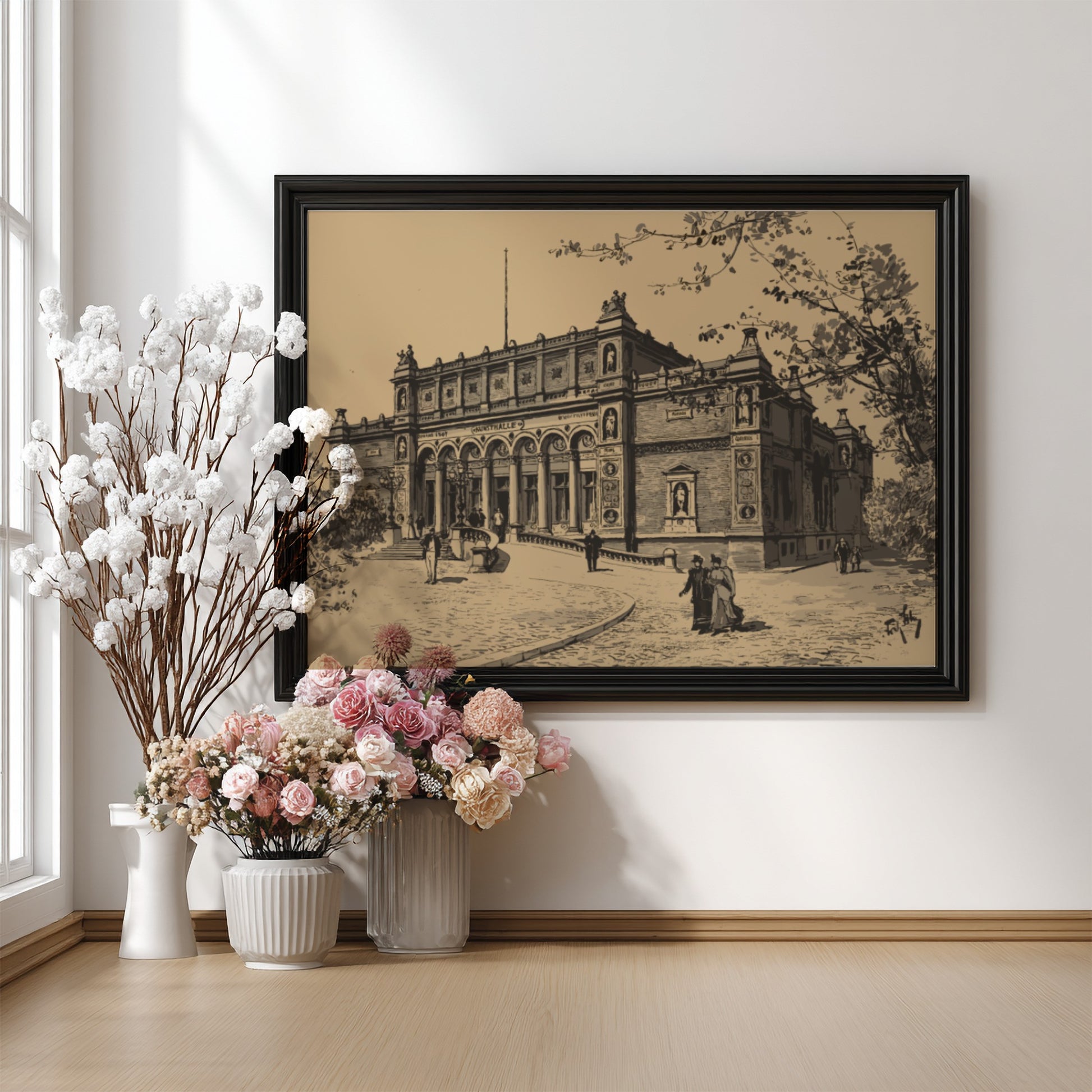 Monochrome drawing of the Kunsthalle building by Fritz Stoltenberg, featuring classical architecture and