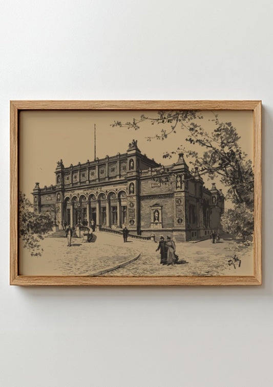 Monochrome drawing of the Kunsthalle building by Fritz Stoltenberg, featuring classical architecture and