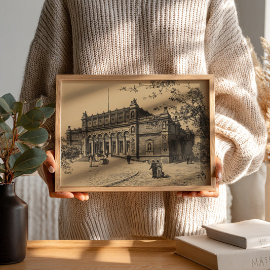 Monochrome drawing of the Kunsthalle building by Fritz Stoltenberg, featuring classical architecture and