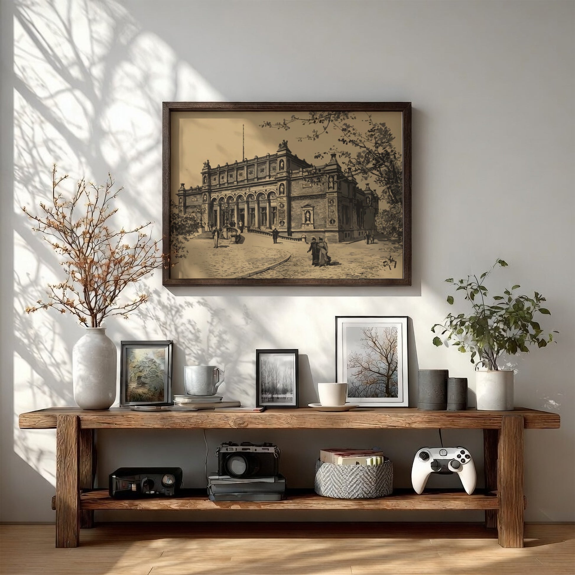 Monochrome drawing of the Kunsthalle building by Fritz Stoltenberg, featuring classical architecture and
