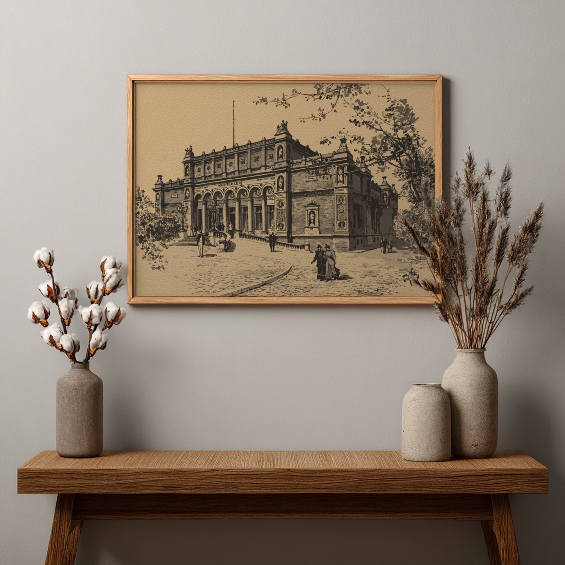Monochrome drawing of the Kunsthalle building by Fritz Stoltenberg, featuring classical architecture and
