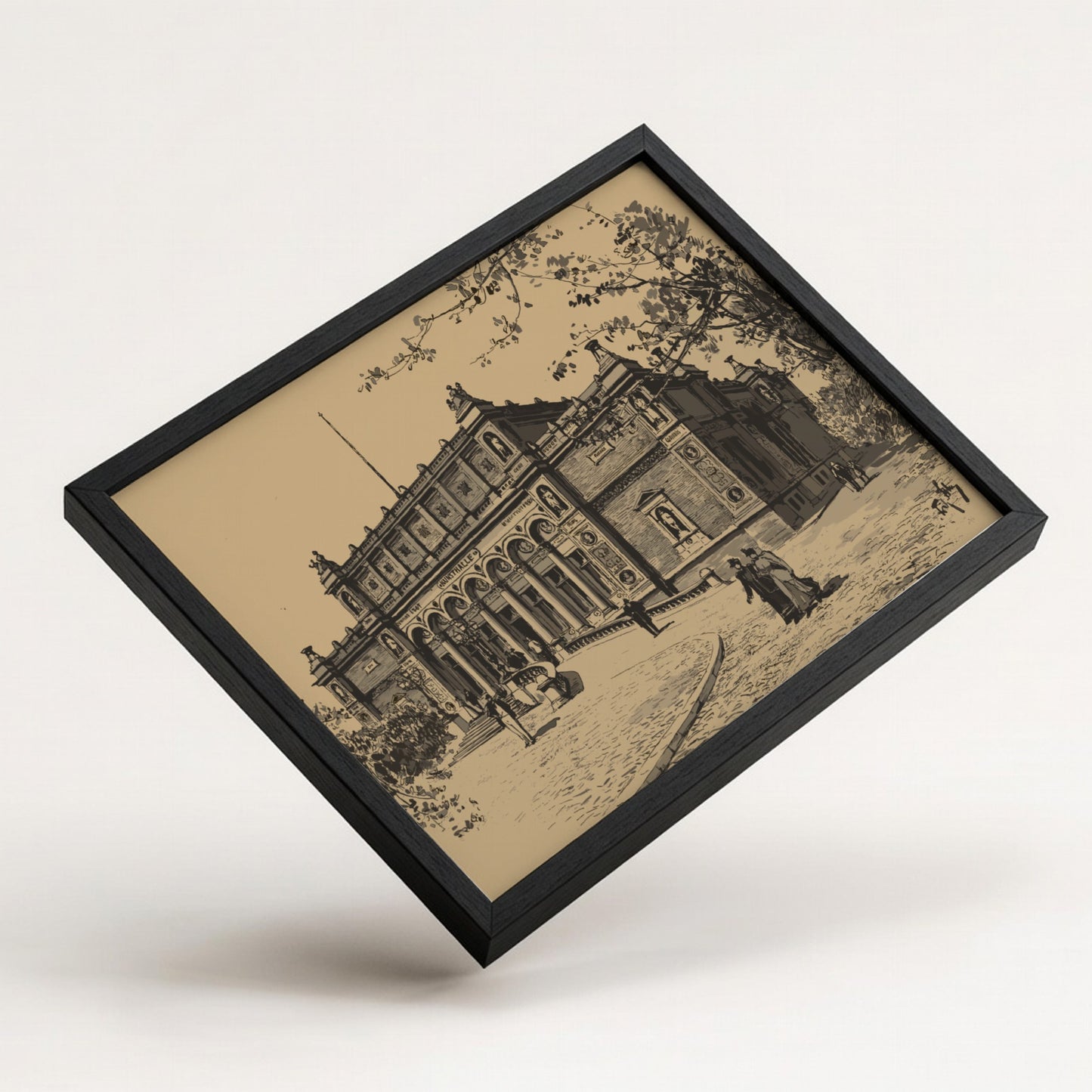 Monochrome drawing of the Kunsthalle building by Fritz Stoltenberg, featuring classical architecture and