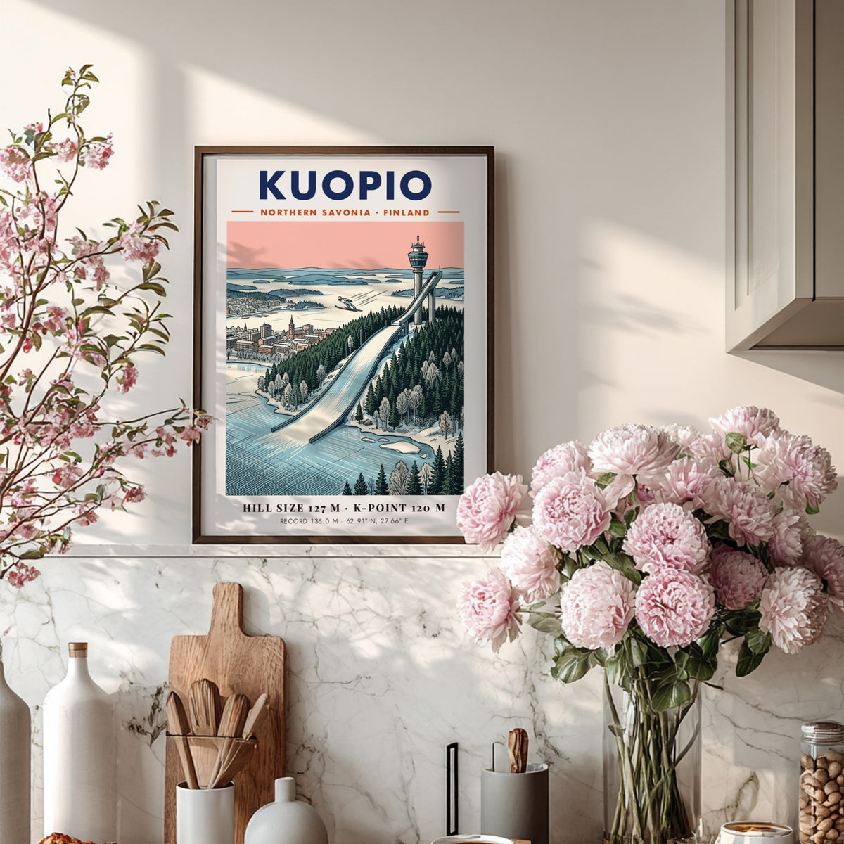 Travel poster of Kuopio Northern Savonia showing a ski jumper near a tower.