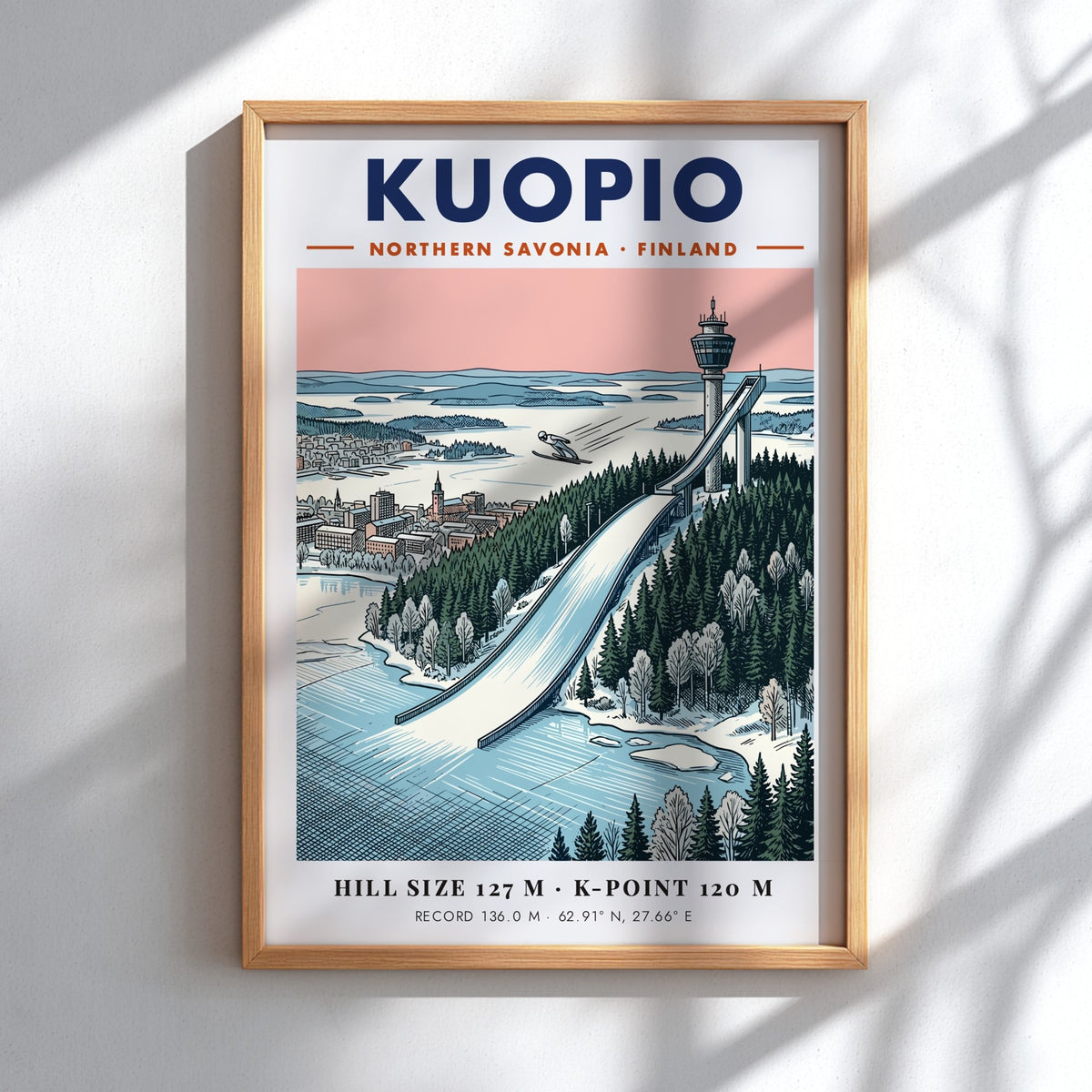 Travel poster of Kuopio Northern Savonia showing a ski jumper near a tower.