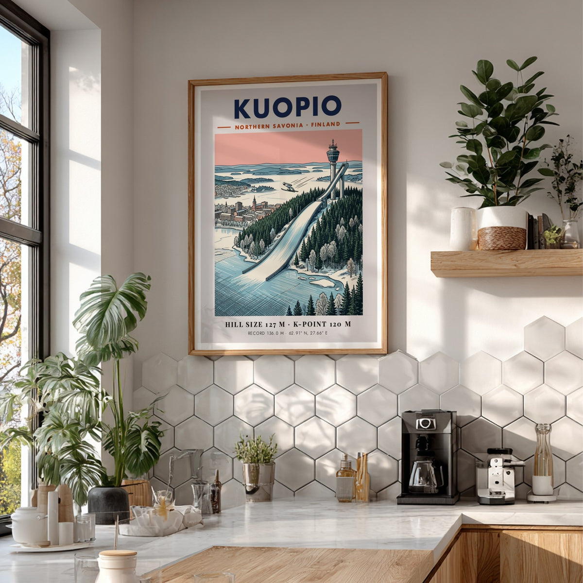 Travel poster of Kuopio Northern Savonia showing a ski jumper near a tower.