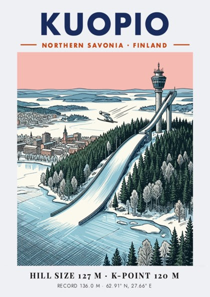 Travel poster of Kuopio Northern Savonia showing a ski jumper near a tower.