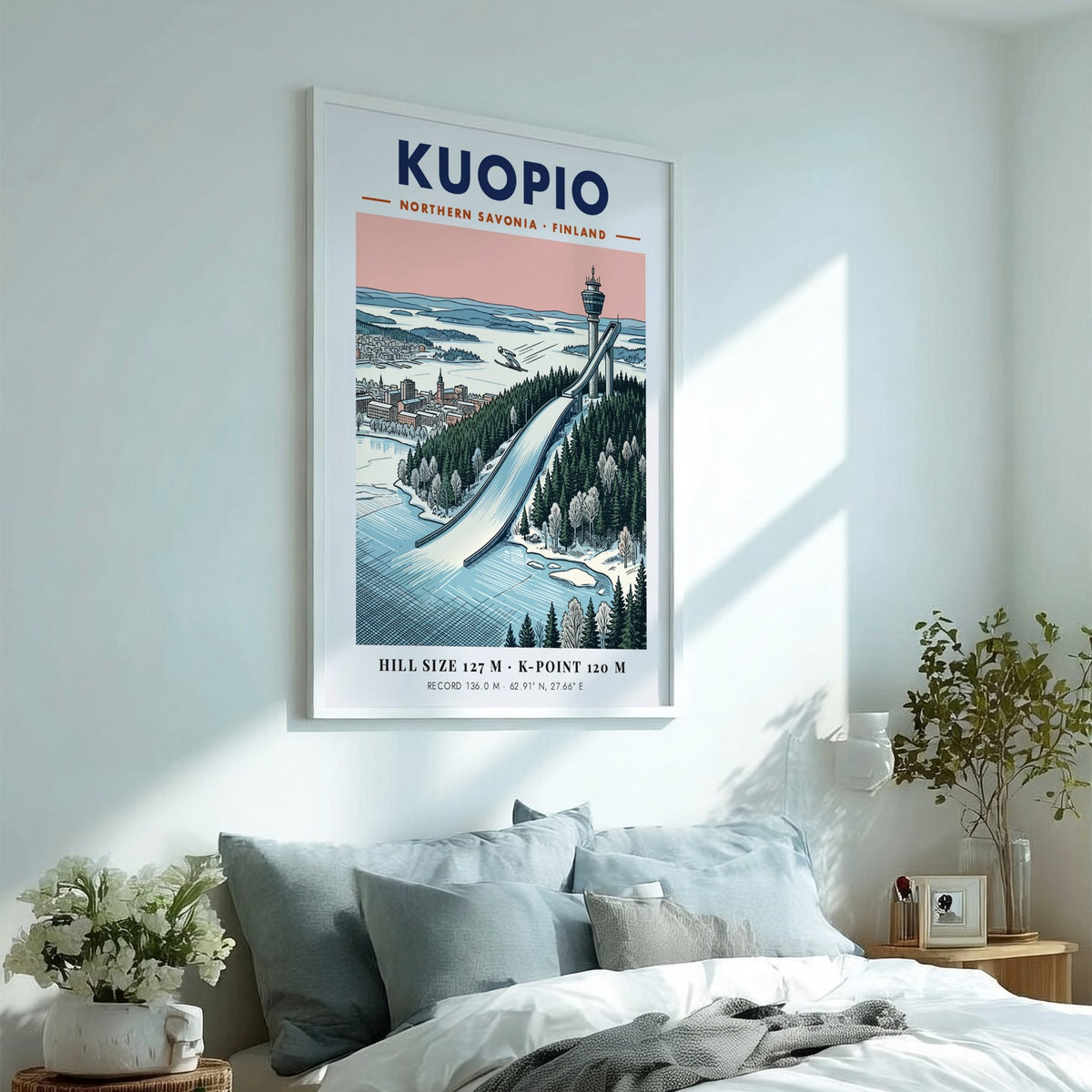 Travel poster of Kuopio Northern Savonia showing a ski jumper near a tower.