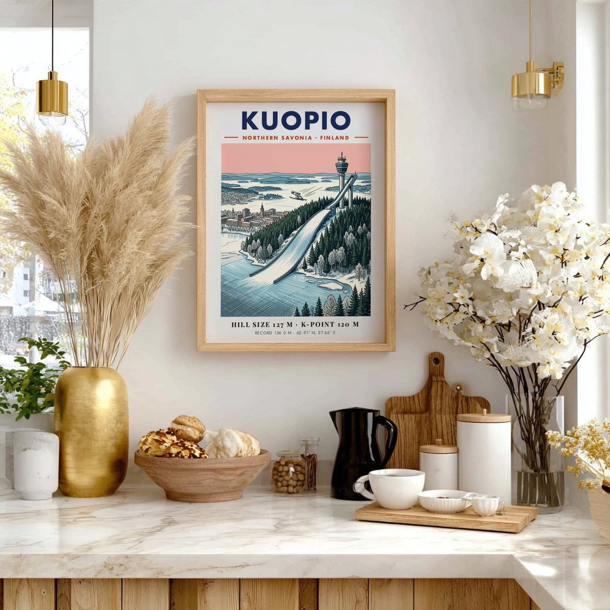 Travel poster of Kuopio Northern Savonia showing a ski jumper near a tower.