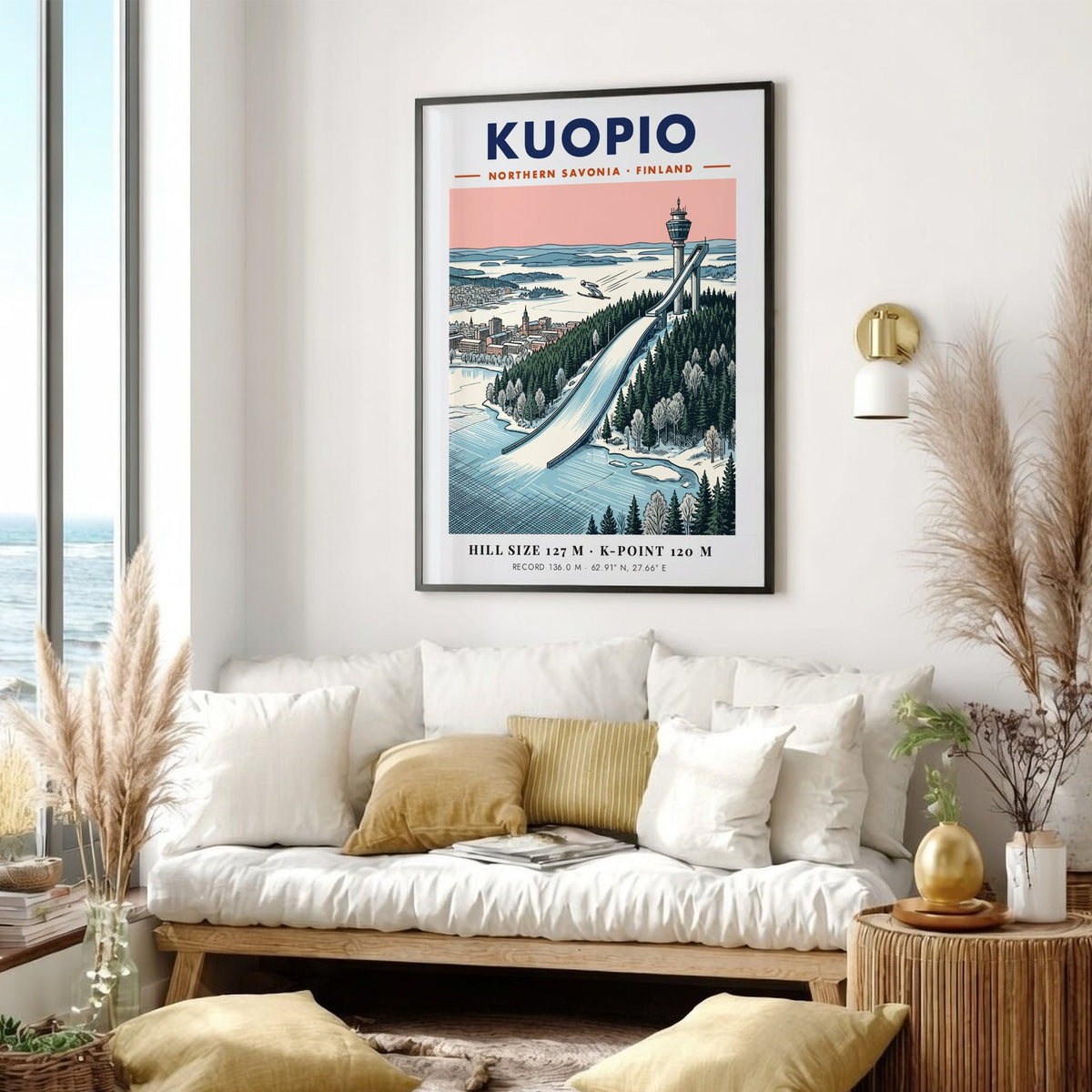 Travel poster of Kuopio Northern Savonia showing a ski jumper near a tower.
