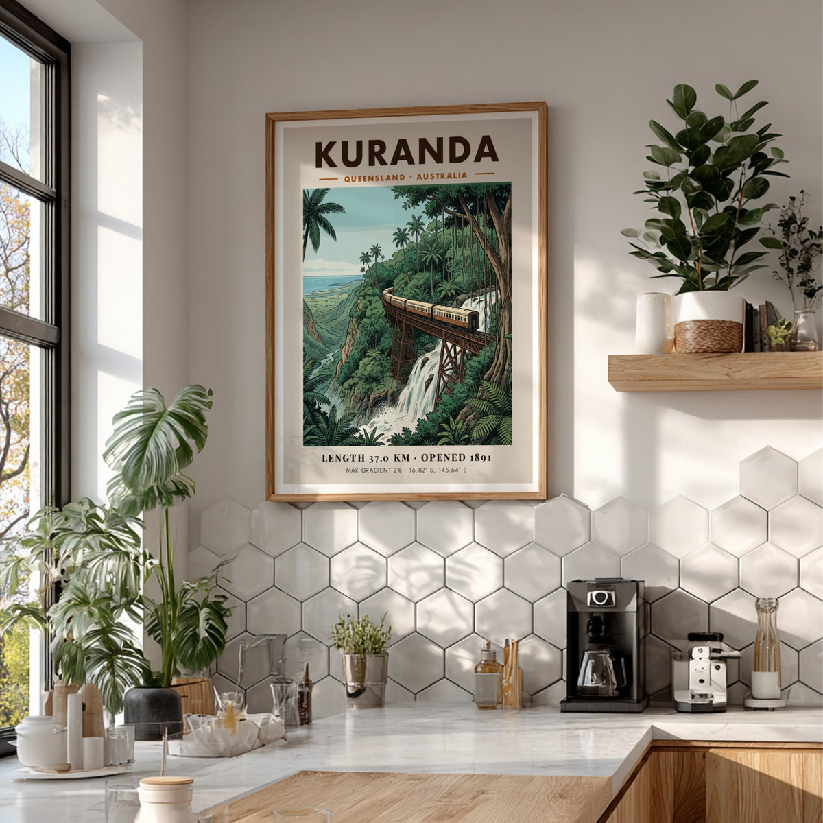 Poster of a train on a bridge over a waterfall in tropical Kuranda