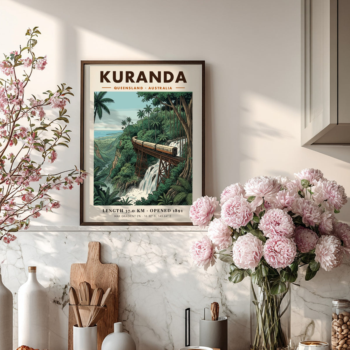Poster of a train on a bridge over a waterfall in tropical Kuranda