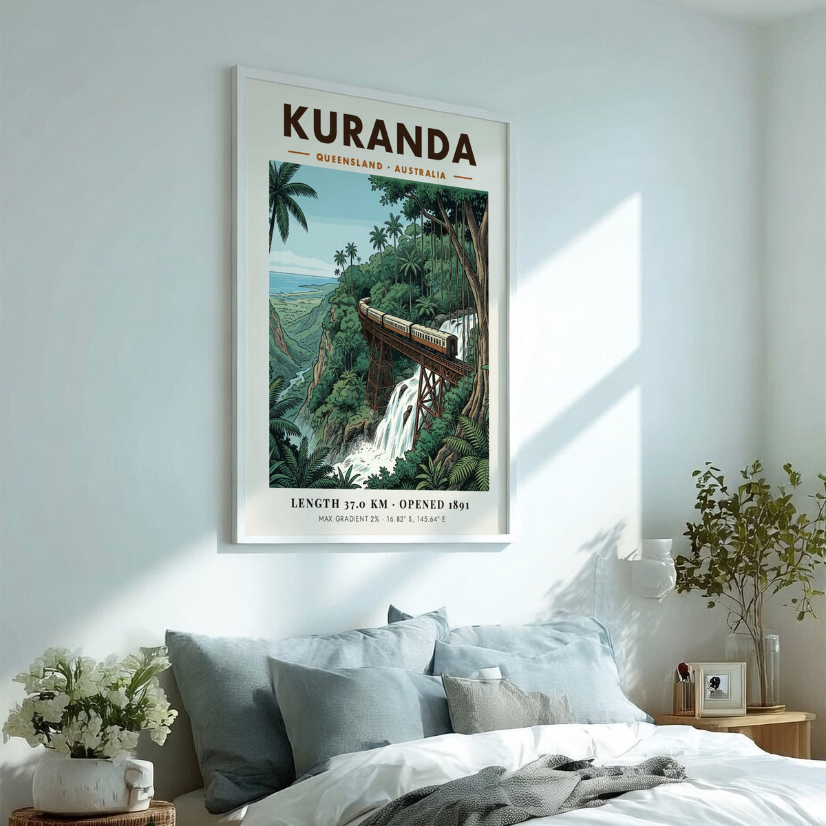 Poster of a train on a bridge over a waterfall in tropical Kuranda