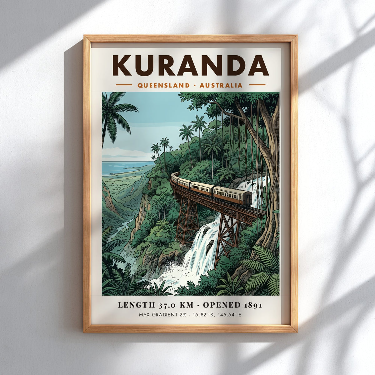 Poster of a train on a bridge over a waterfall in tropical Kuranda