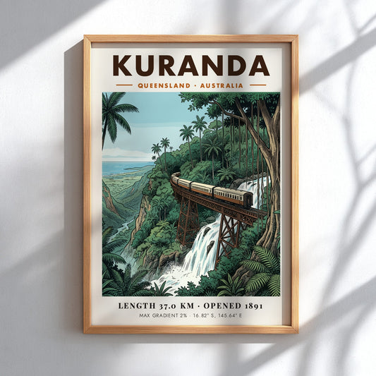 Poster of a train on a bridge over a waterfall in tropical Kuranda