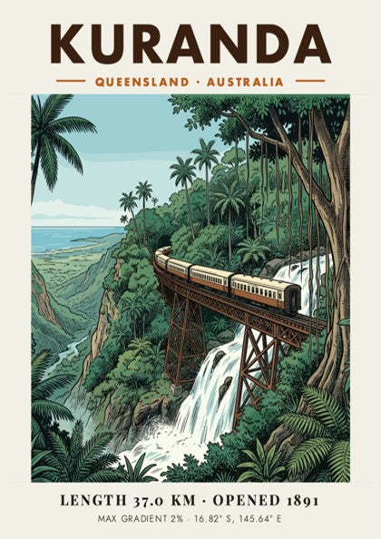 Poster of a train on a bridge over a waterfall in tropical Kuranda