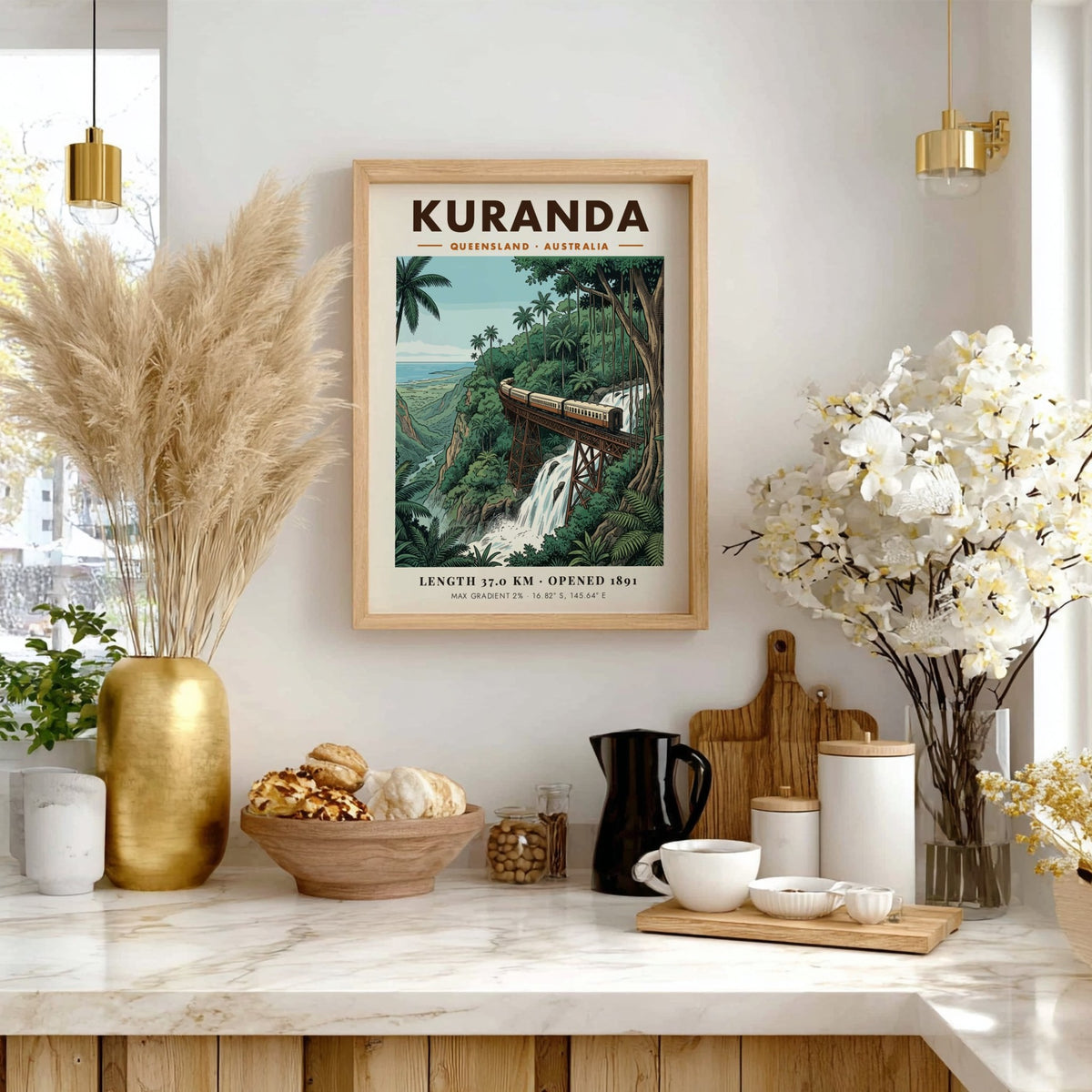 Poster of a train on a bridge over a waterfall in tropical Kuranda