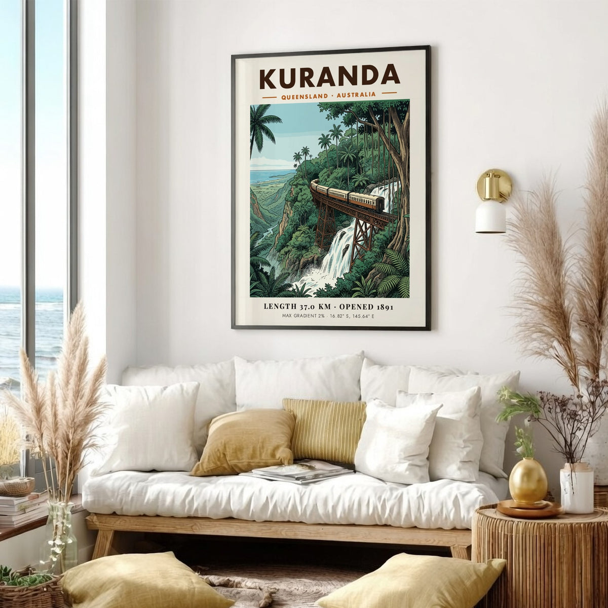 Poster of a train on a bridge over a waterfall in tropical Kuranda