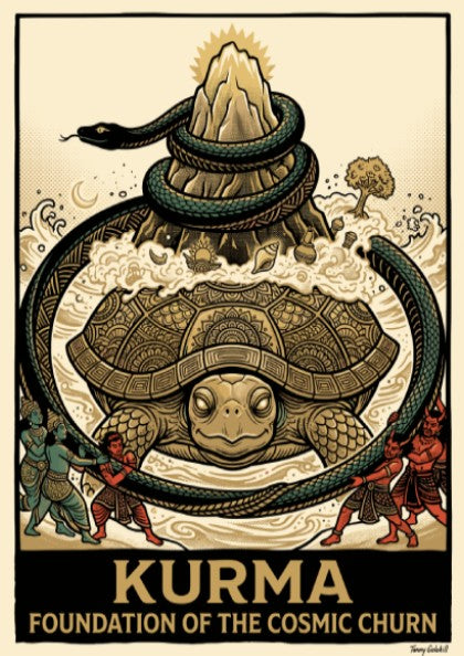 Poster featuring a detailed mythological illustration of Kurma the tortoise supporting a mountain.