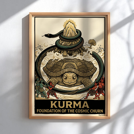Poster featuring a detailed mythological illustration of Kurma the tortoise supporting a mountain.