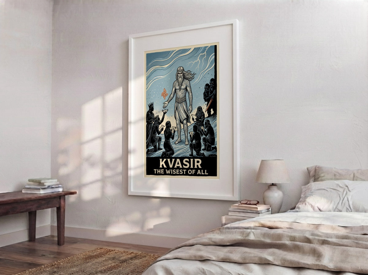 Poster of Kvasir the wisest of all in a woodcut style with blue tones