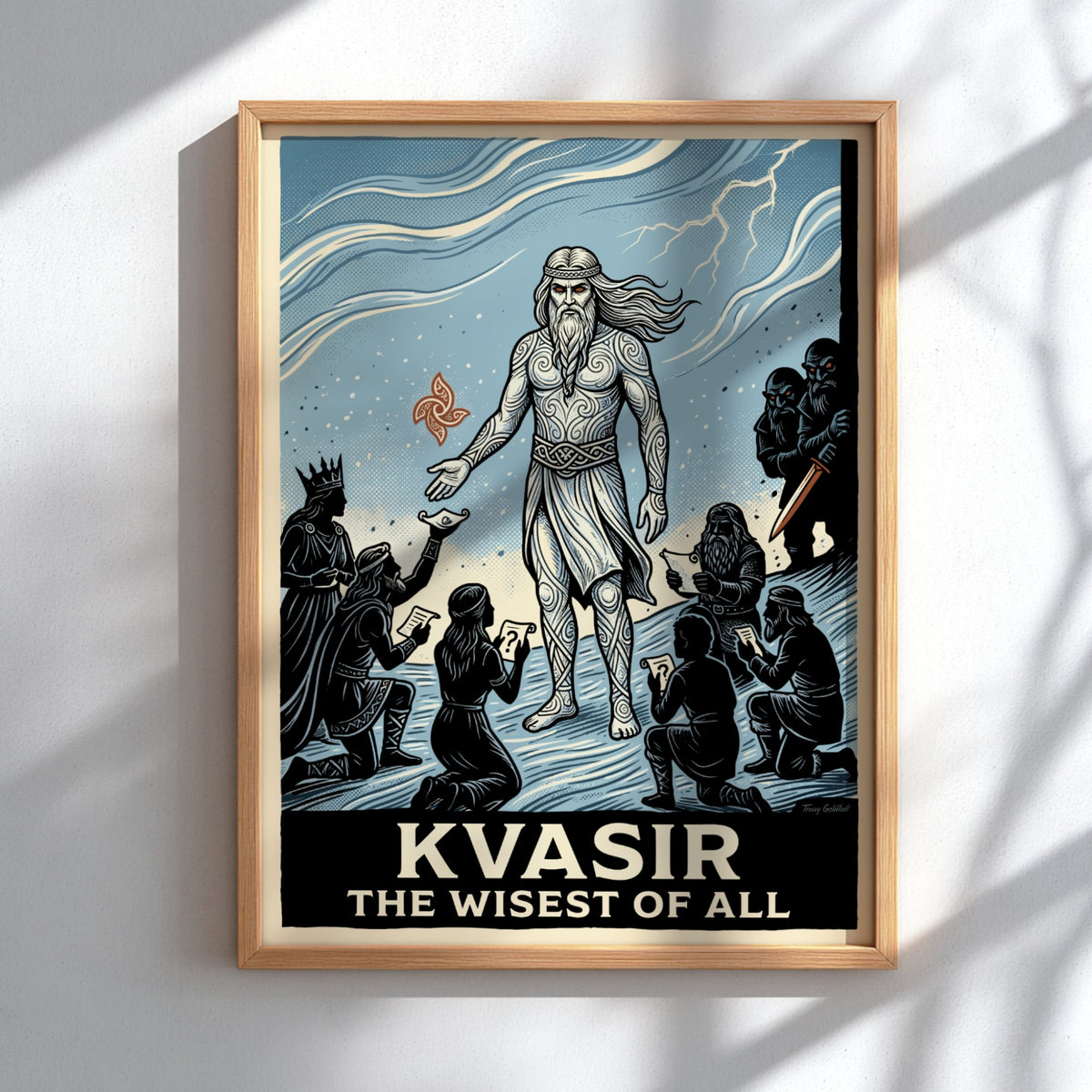 Poster of Kvasir the wisest of all in a woodcut style with blue tones