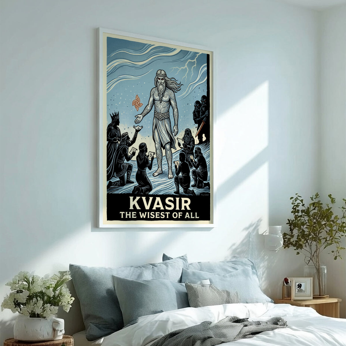 Poster of Kvasir the wisest of all in a woodcut style with blue tones