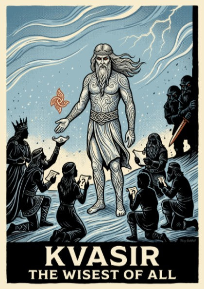 Poster of Kvasir the wisest of all in a woodcut style with blue tones
