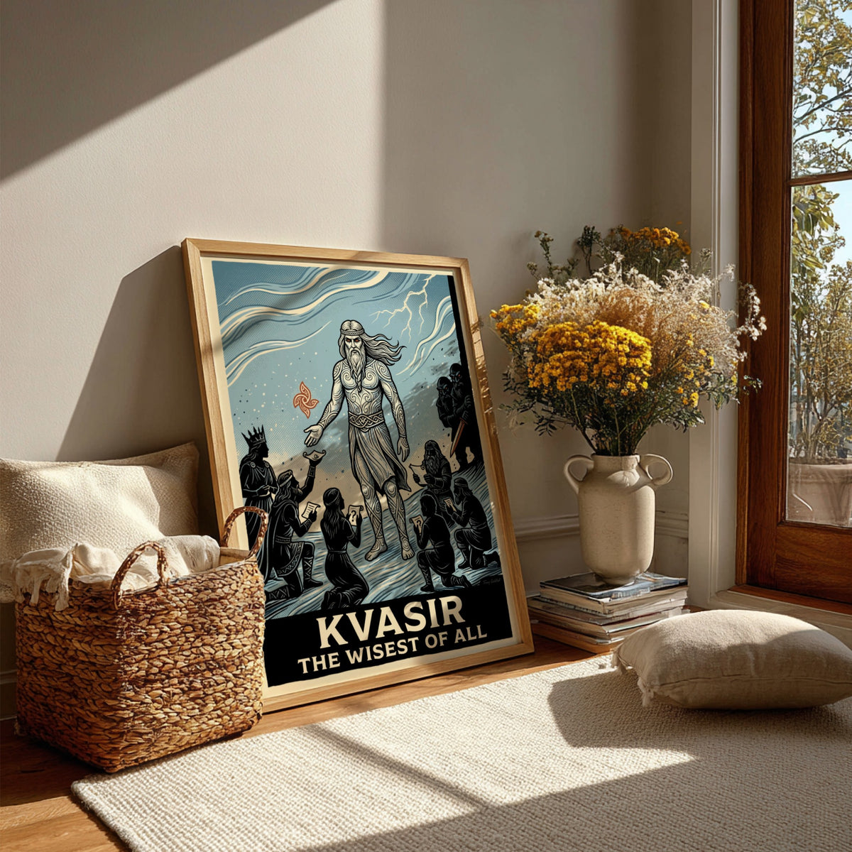 Poster of Kvasir the wisest of all in a woodcut style with blue tones