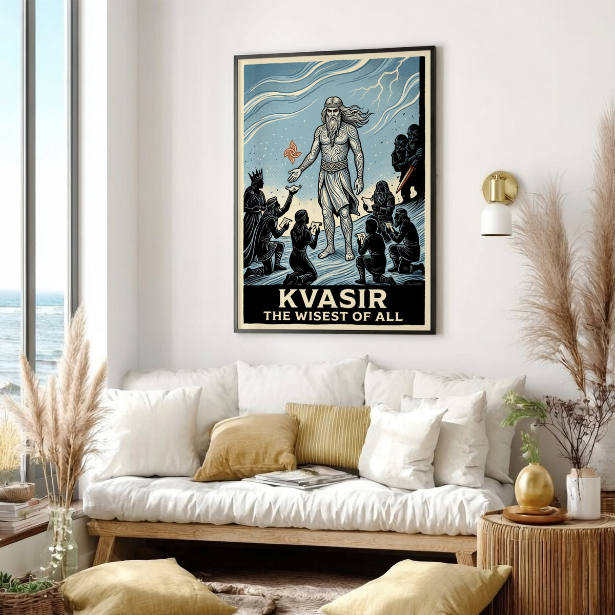 Poster of Kvasir the wisest of all in a woodcut style with blue tones