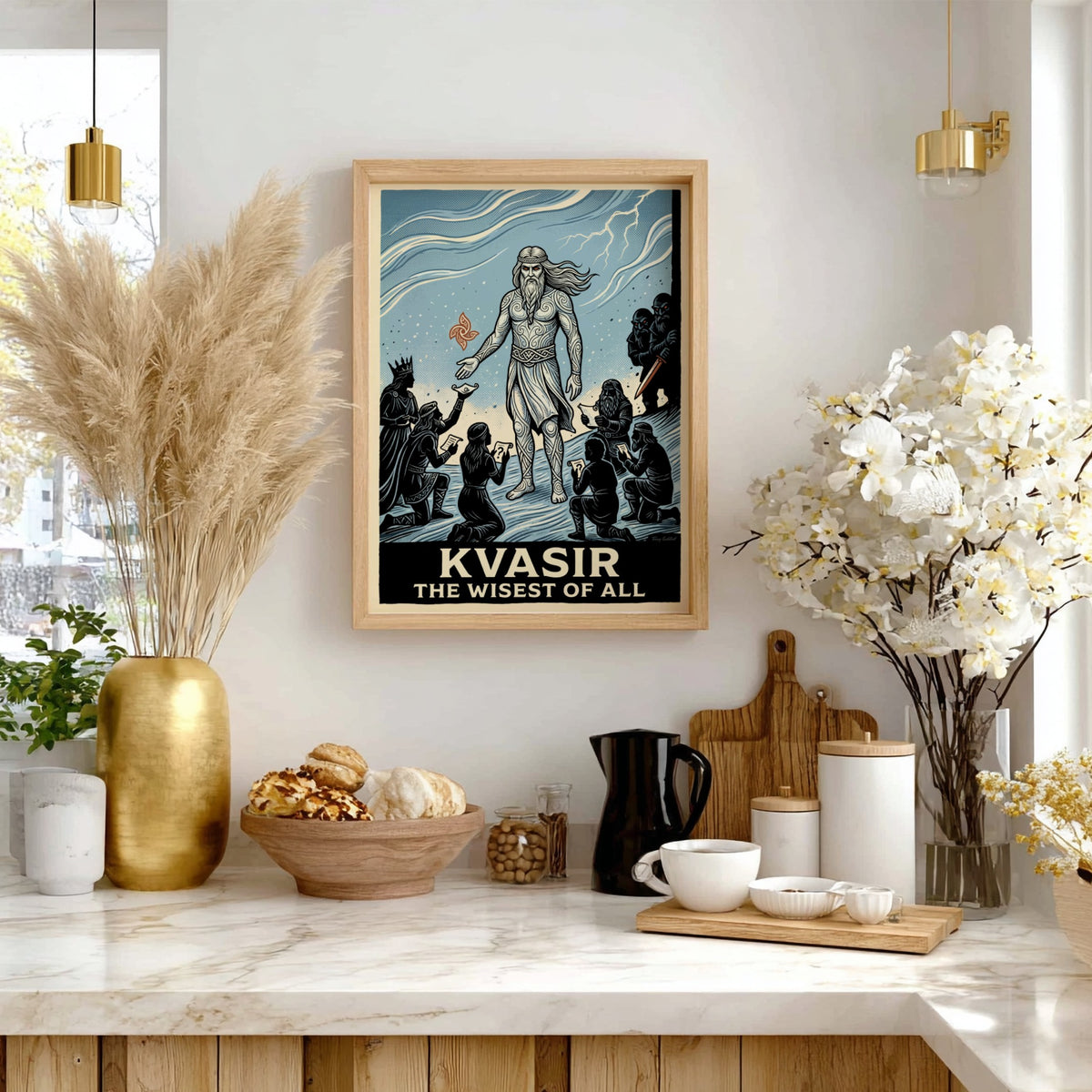 Poster of Kvasir the wisest of all in a woodcut style with blue tones