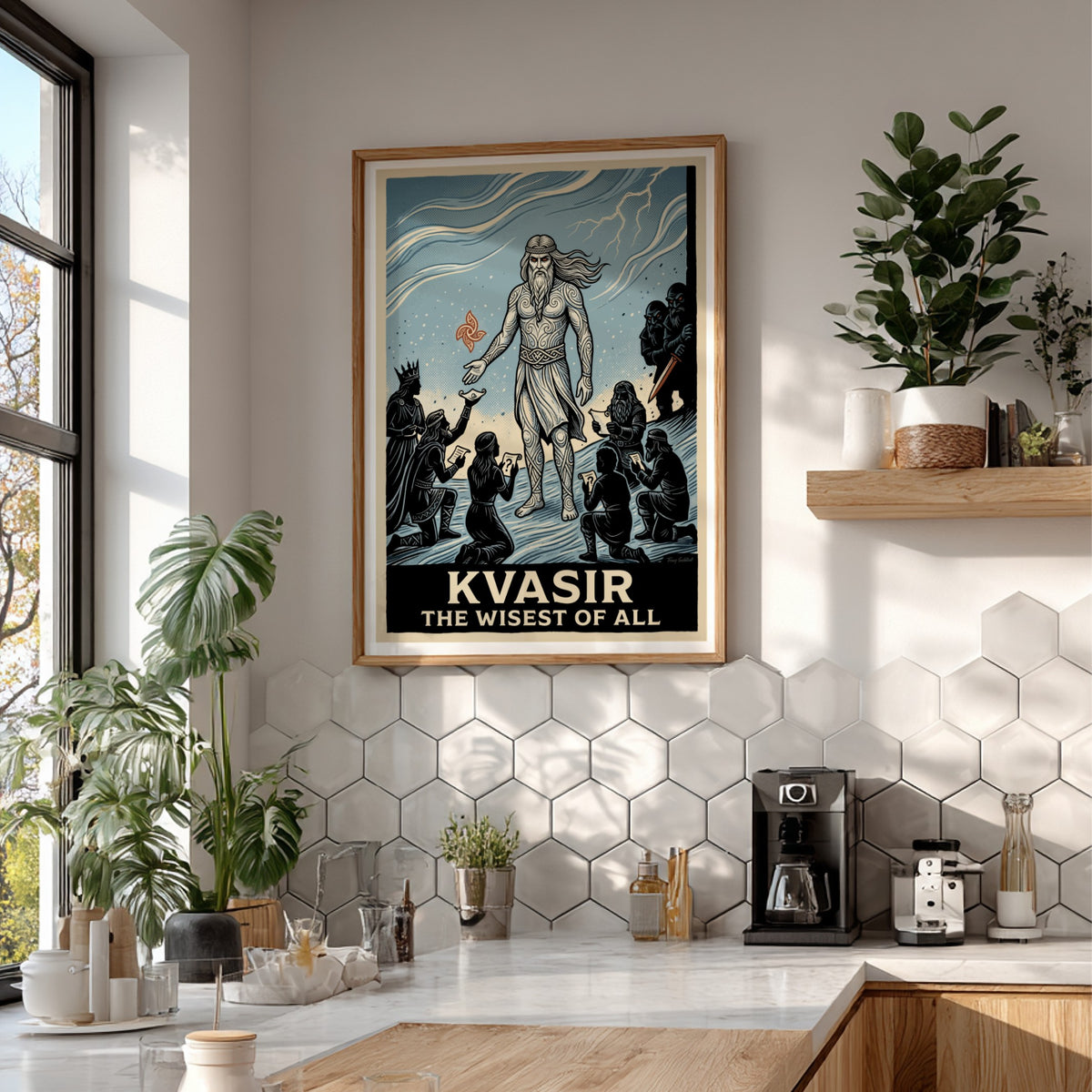 Poster of Kvasir the wisest of all in a woodcut style with blue tones