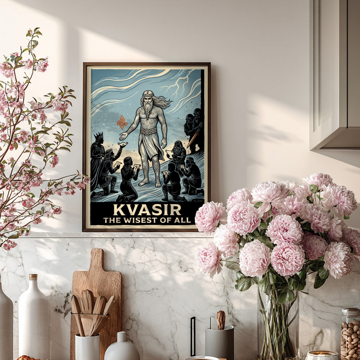 Poster of Kvasir the wisest of all in a woodcut style with blue tones