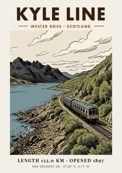 Poster of the Kyle Line in Wester Ross featuring a blue train near mountains.