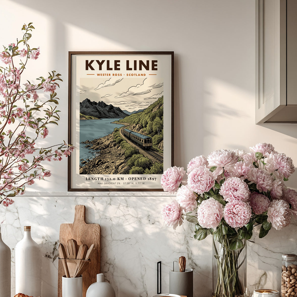 Poster of the Kyle Line in Wester Ross featuring a blue train near mountains.