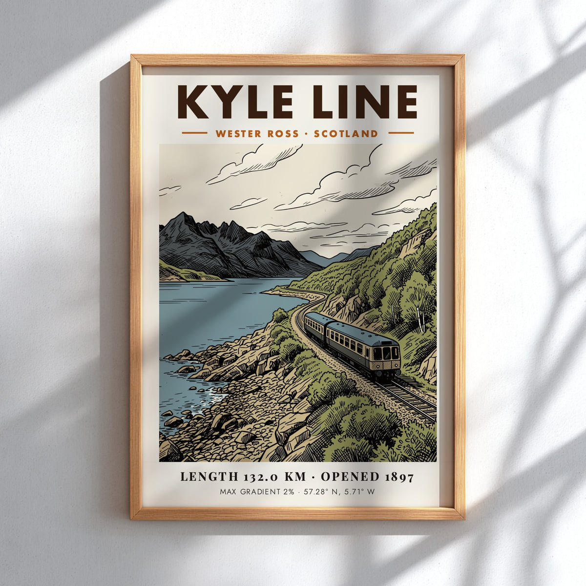 Poster of the Kyle Line in Wester Ross featuring a blue train near mountains.