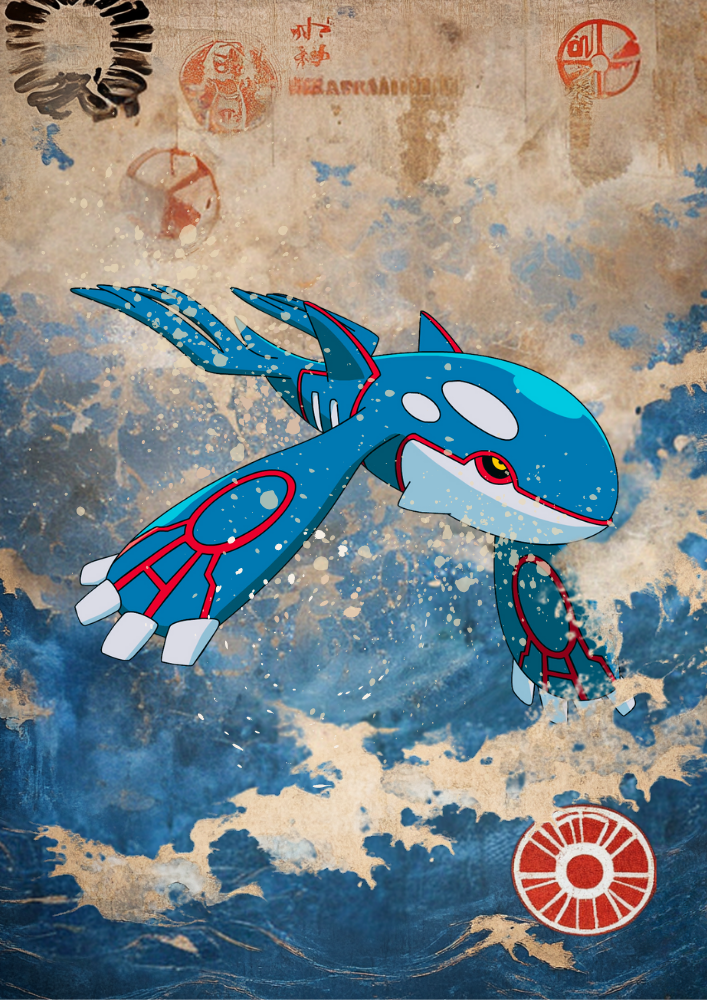 Kyogre Poster: Japanese Tapestry Style Pokemon Anime Poster, Kyogre Artwork, Pokemon Go