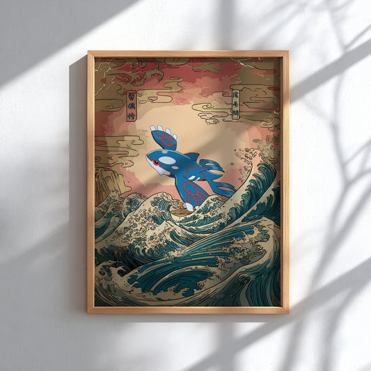 Framed artwork with Kyogre Pokemon on a wave against a red and gold background