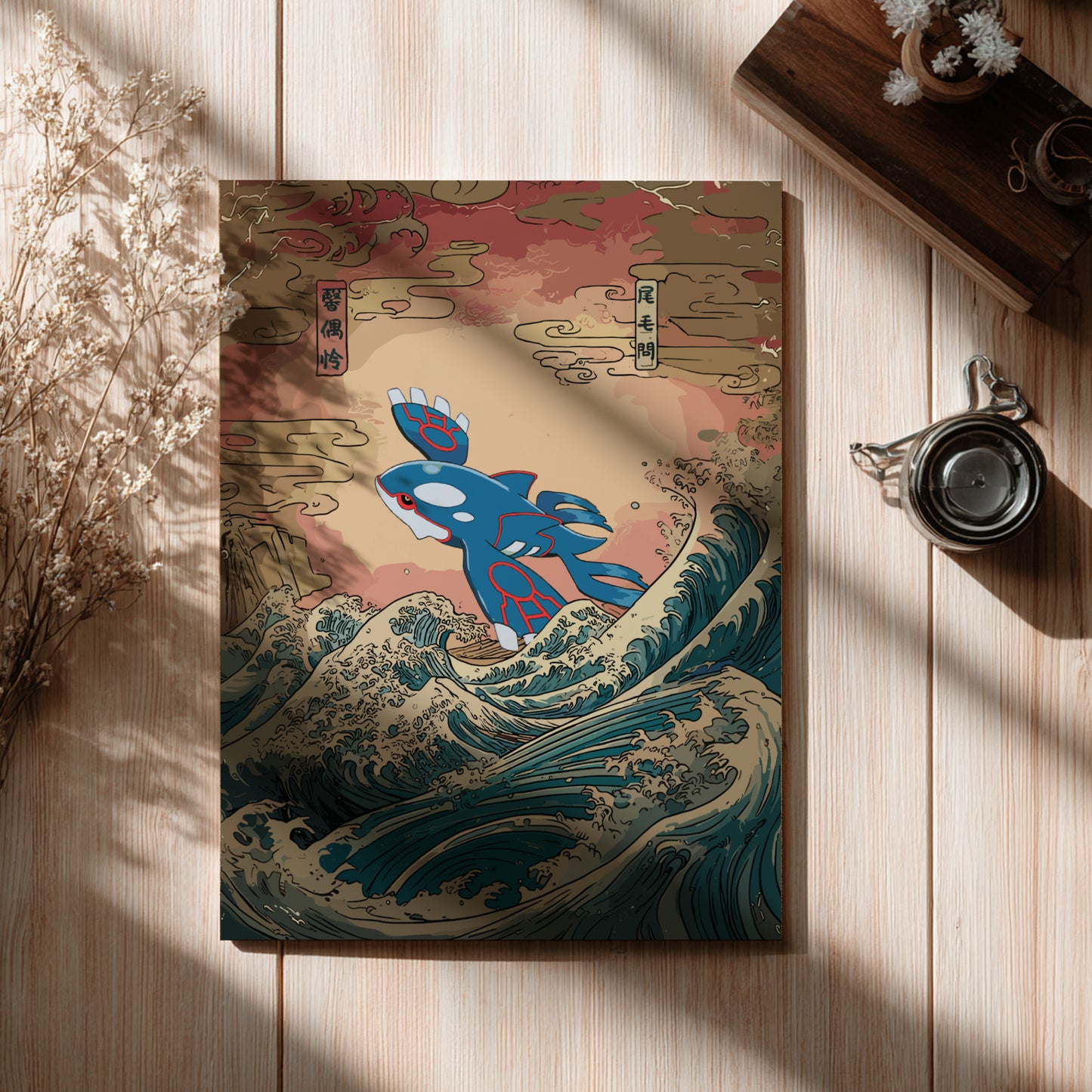 Decorative poster with Kyogre Pokemon on a wave design on a wooden surface.