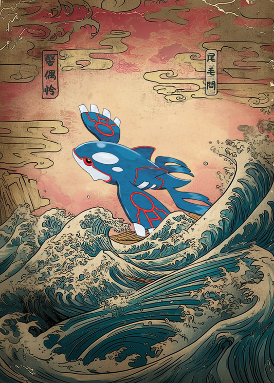 Kyogre Pokemon on a wave, inspired by Ukiyo-e art style.