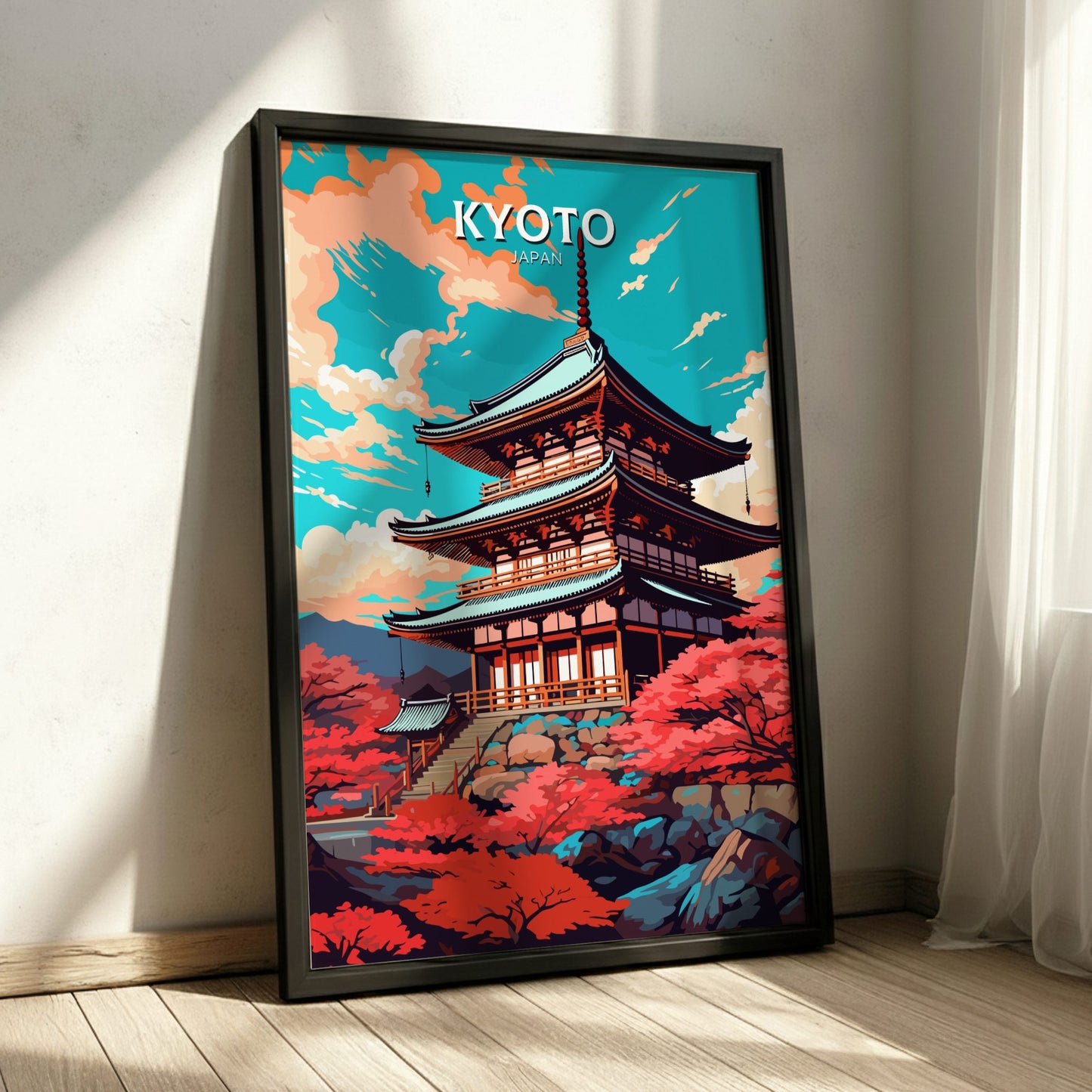 Framed poster of a Japanese temple with 'Kyoto' text on a wall.