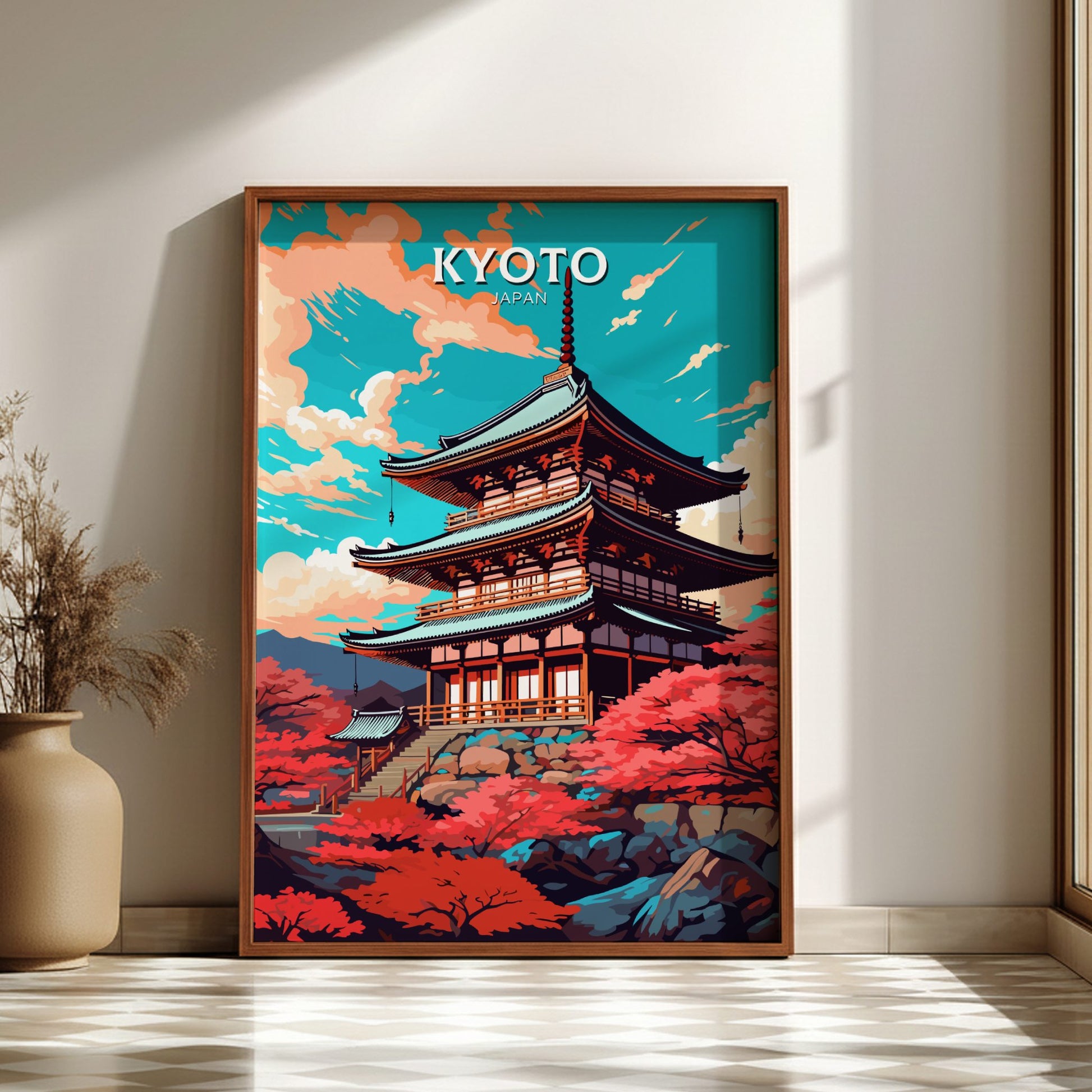 Framed artwork of a Japanese temple with 'KYOTO' text on a wall.