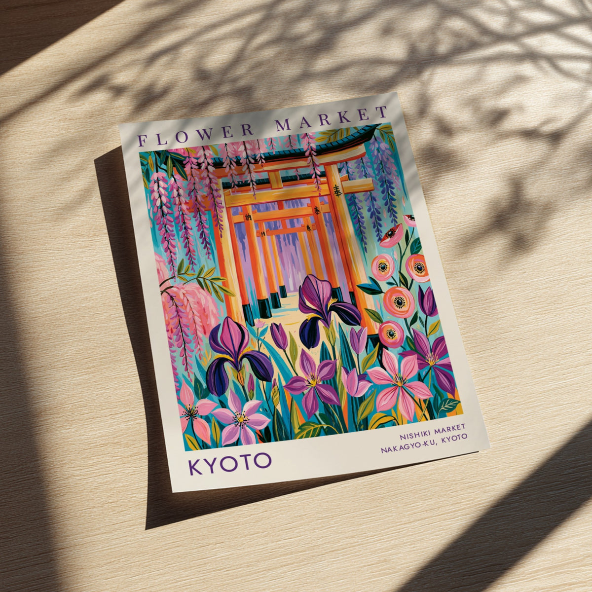 Flower market poster showcasing vibrant colors and floral designs inspired by Kyoto's cityscape